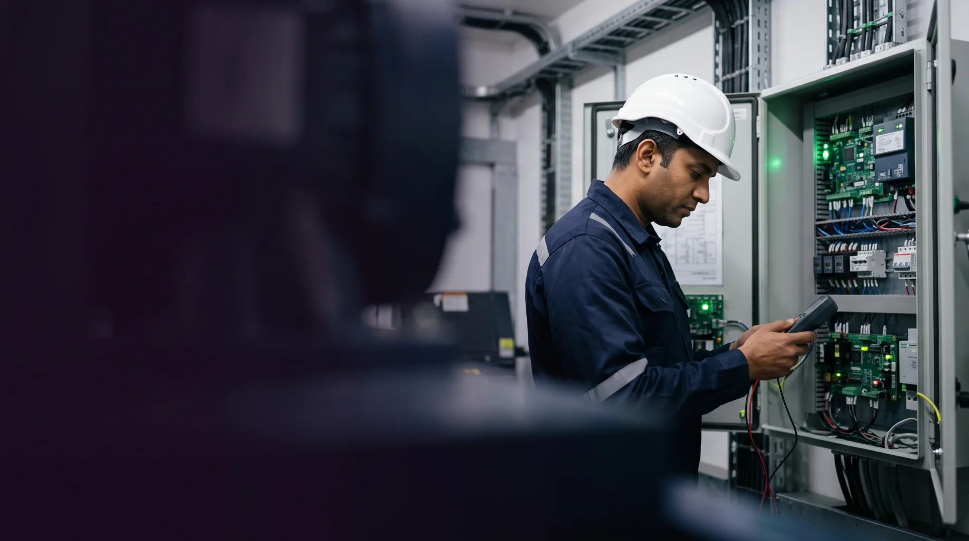 Technician inspecting an elevator control system during maintenance
